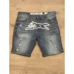 Icecream Shorts Mens 38 Blue Distressed Denim Running Dog Graphic Streetwear